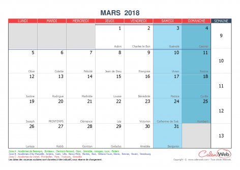 Calendrier mensuel – Mois de mars 2018 Avec fêtes, jours fériés et vacances scolaires