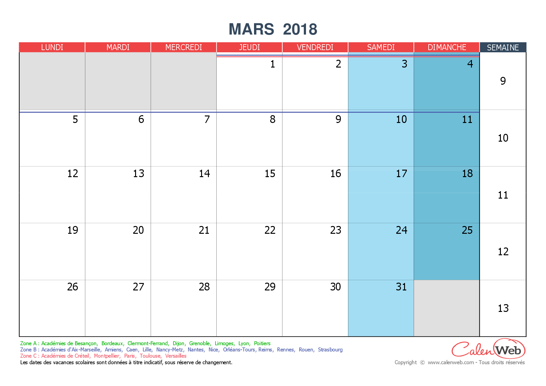  Calendrier  mensuel  Mois de mars 2022 Avec jours f ri s 