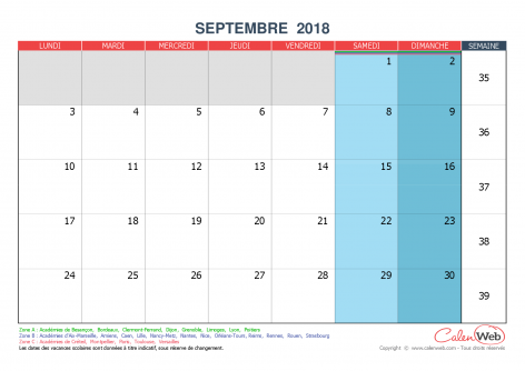 Calendrier mensuel – Mois de septembre 2018 Avec jours fériés et vacances scolaires