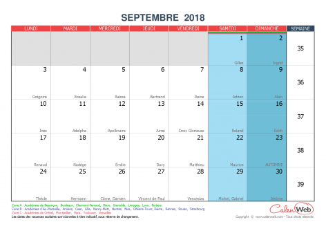 Calendrier mensuel – Mois de septembre 2018 Avec fêtes, jours fériés et vacances scolaires