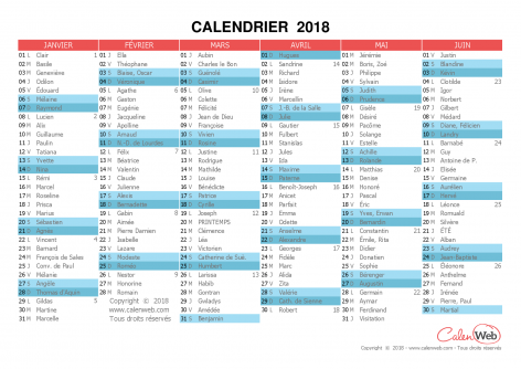 Calendrier semestriel – Année 2018 avec affichage des fêtes