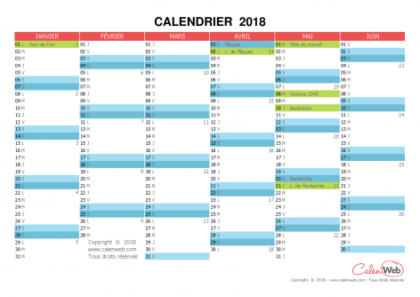 Calendrier semestriel – Année 2018 avec affichage des jours fériés