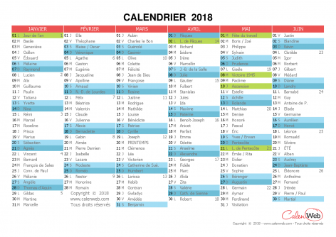 Calendrier semestriel – Année 2018 avec affichage des jours fériés et fêtes du jour
