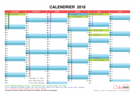 Calendrier semestriel – Année 2018 avec jours fériés et vacances scolaires