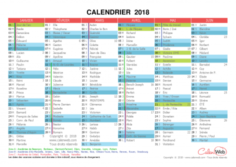 Calendrier semestriel – Année 2018 avec jours fériés, vacances scolaires et fêtes du jour