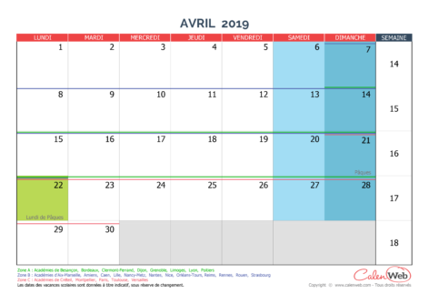 Calendrier mensuel – Mois d’avril 2019 Avec jours fériés et vacances scolaires