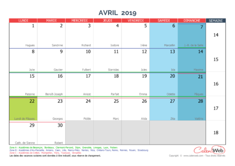 Calendrier mensuel – Mois d’avril 2019 Avec fêtes, jours fériés et vacances scolaires