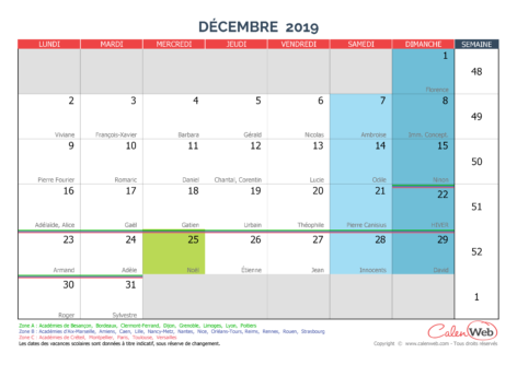 Calendrier mensuel – Mois de décembre 2019 Avec fêtes, jours fériés et vacances scolaires