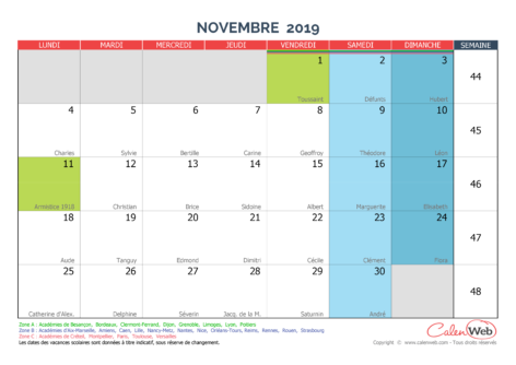 Calendrier mensuel – Mois de novembre 2019 Avec fêtes, jours fériés et vacances scolaires