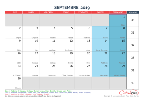 Calendrier mensuel – Mois de septembre 2019 Avec fêtes, jours fériés et vacances scolaires