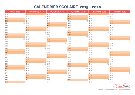 Calendrier scolaire semestriel 2019-2020 Version vierge