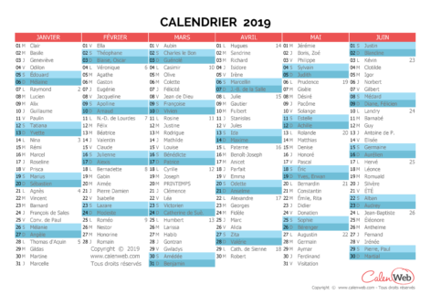 Calendrier semestriel – Année 2019 avec affichage des fêtes