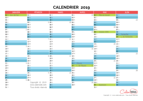 Calendrier semestriel – Année 2019 avec affichage des jours fériés