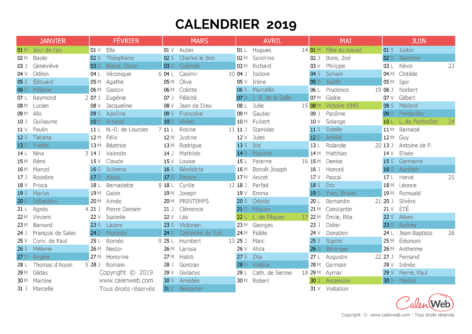Calendrier semestriel – Année 2019 avec affichage des jours fériés et fêtes du jour