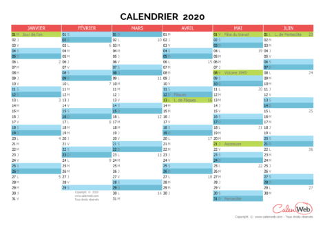 Calendrier semestriel – Année 2020 avec affichage des jours fériés