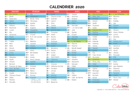 Calendrier semestriel – Année 2020 avec affichage des jours fériés et fêtes du jour