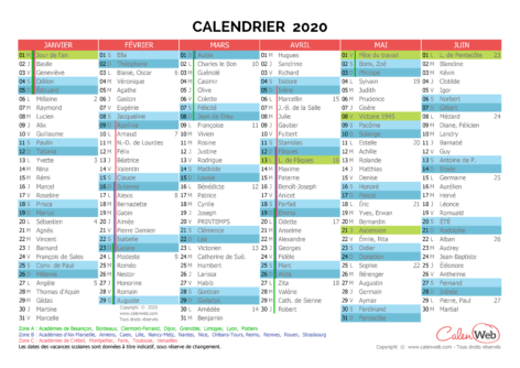 Calendrier semestriel – Année 2020 avec jours fériés, vacances scolaires et fêtes du jour
