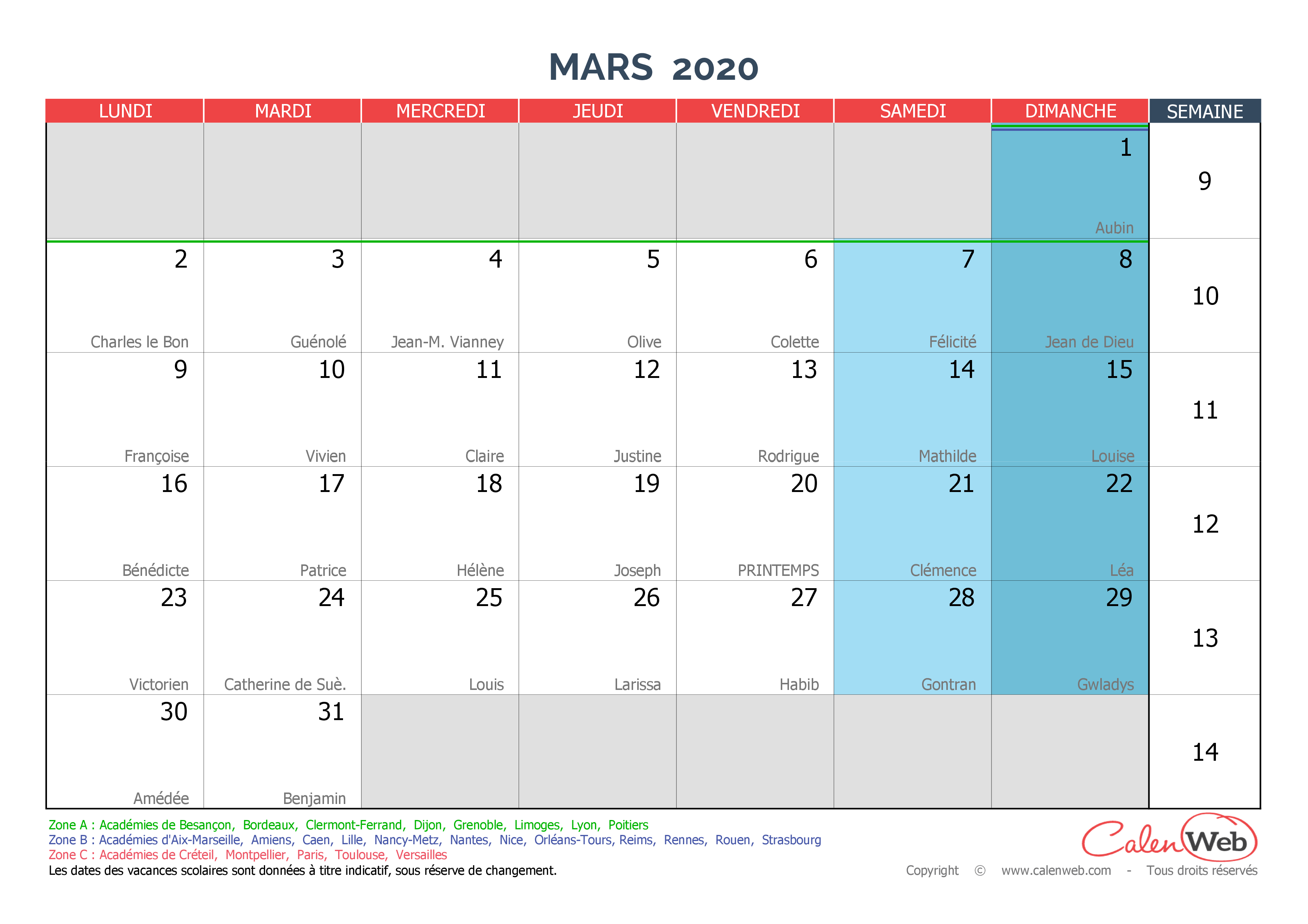  Calendrier  mensuel Mois  de mars 2022 Calenweb com