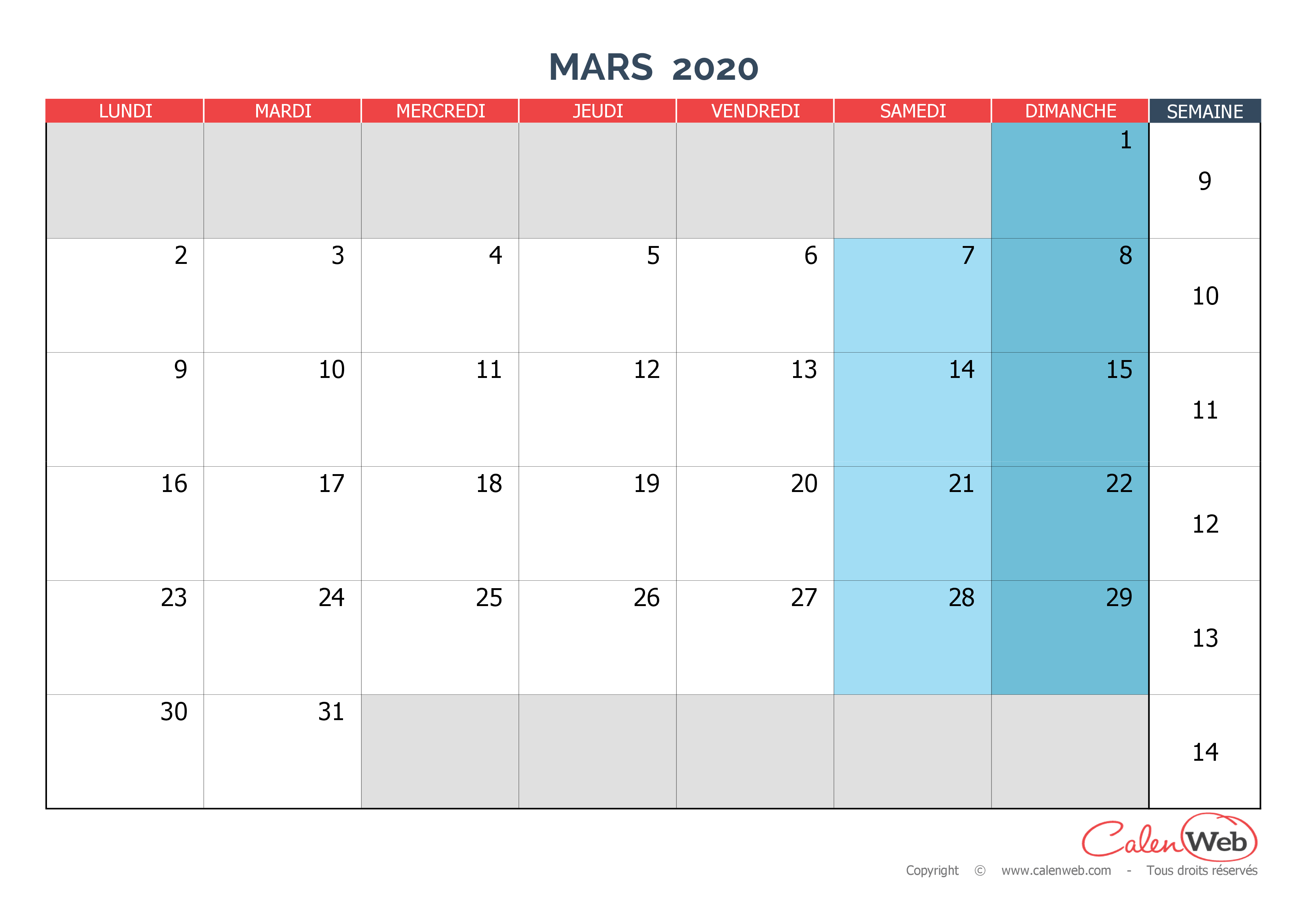  Calendrier  mensuel Mois de mars  2022 Version vierge 