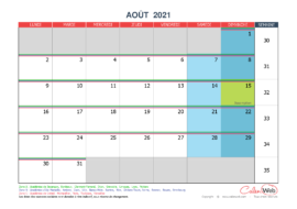 Calendrier mensuel – Mois d’août 2021