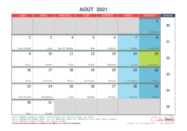 Calendrier mensuel – Mois d’août 2021