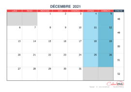 Calendrier mensuel – Mois de décembre 2021