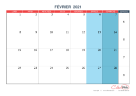 Calendrier mensuel – Mois de février 2021