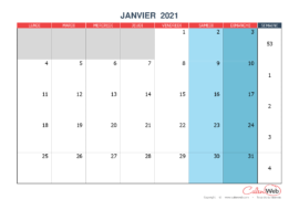 Calendrier mensuel – Mois de janvier 2021