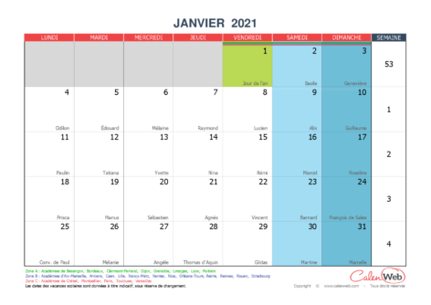 Calendrier mensuel 2021 personnalisable Avec fêtes, jours fériés et vacances scolaires