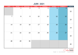 Calendrier mensuel – Mois de juin 2021