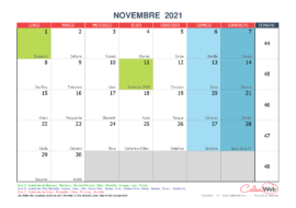 Calendrier mensuel – Mois de novembre 2021
