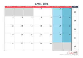 Monthly calendar – Month of April 2021