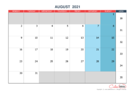 Monthly calendar – Month of August 2021