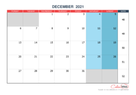 Monthly calendar – Month of December 2021