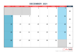Monthly calendar – Month of December 2021