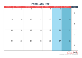 Monthly calendar – Month of February 2021