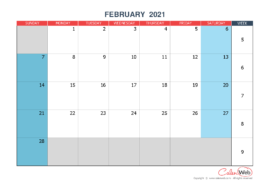 Monthly calendar – Month of February 2021