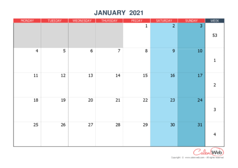 2021 monthly customizable calendar The week starts on Monday
