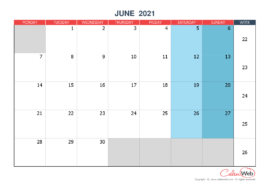 Monthly calendar – Month of June 2021