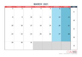 Monthly calendar – Month of March 2021