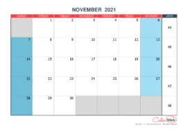 Monthly calendar – Month of November 2021