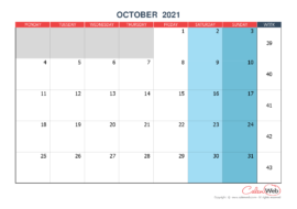 Monthly calendar – Month of October 2021