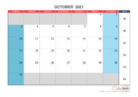 Monthly calendar – Month of October 2021