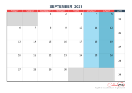 Monthly calendar – Month of September 2021