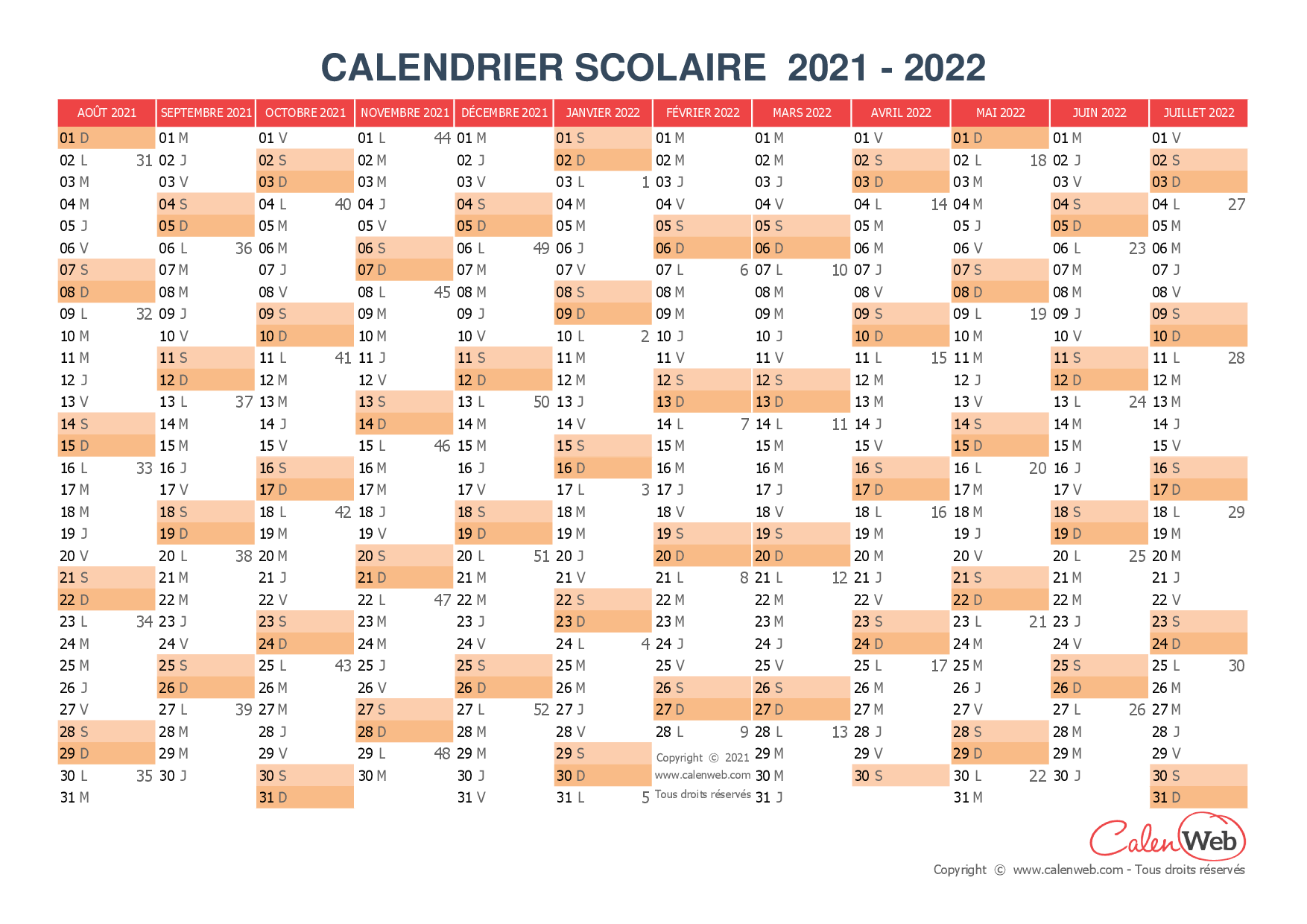 Calendrier Scolaire Annuel 2021 2022 Version Vierge