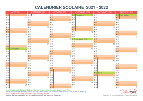 Calendrier scolaire semestriel 2021-2022 avec affichage des jours fériés et vacances scolaires